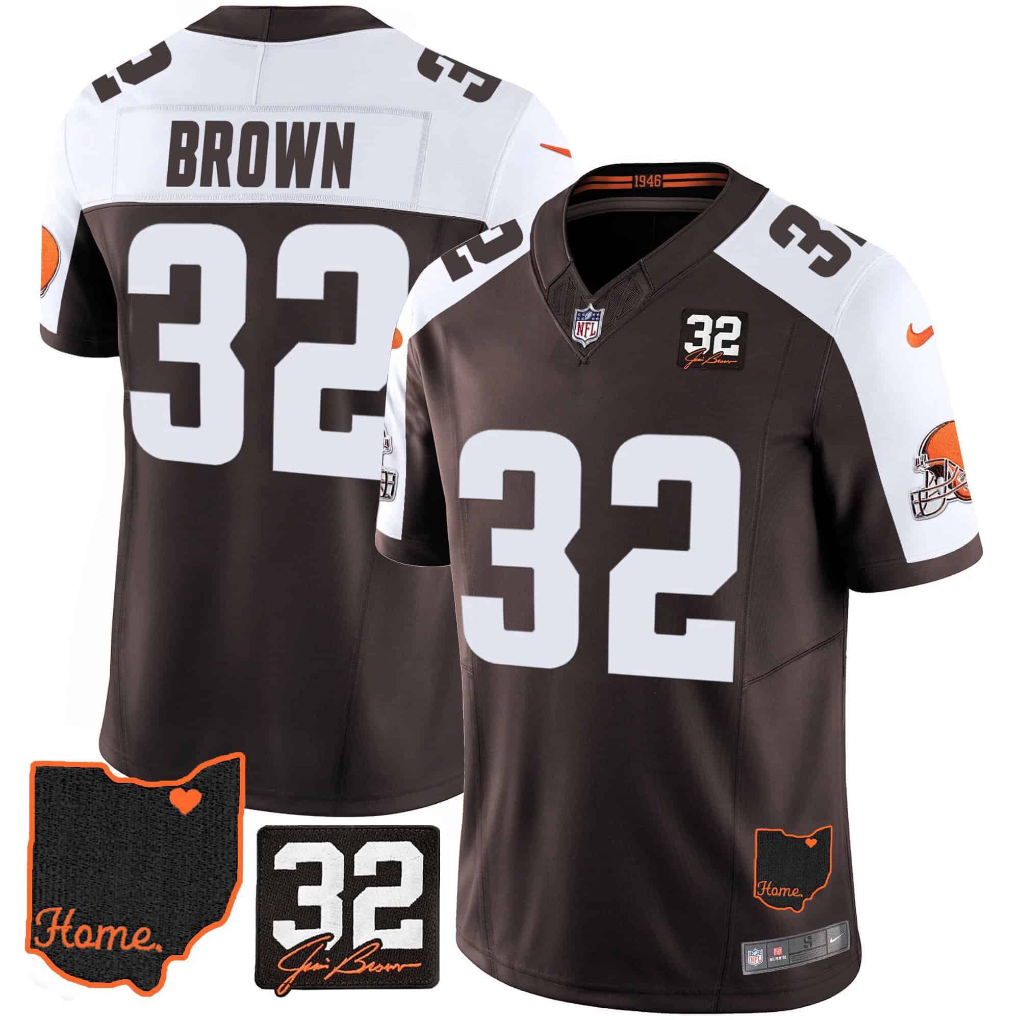 Men Cleveland Browns #32 Brown Brown Memorial Home Patch 2024 Nike NFL Jersey